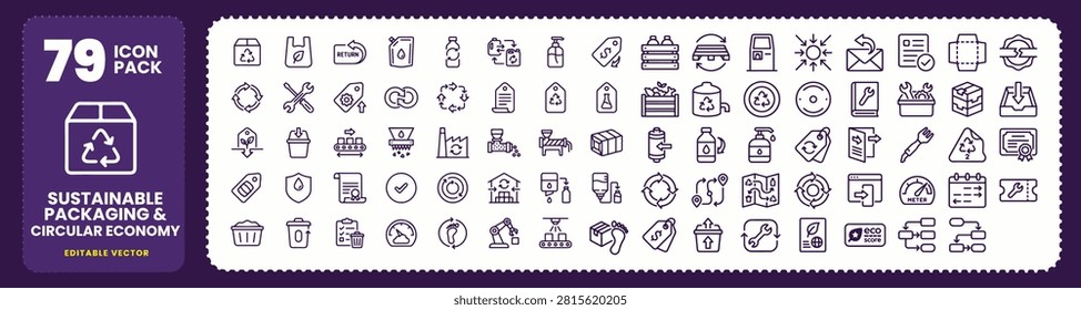 Sustainable packaging and circular economy vector icon set, clean uncluttered signature style UI elements for eco friendly environment