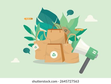 Sustainable Packaging Eco Delivery Box Concept. cardboard boxes with recycling symbols, green leaves, and megaphone. Sustainable packaging, eco-friendly shipping, and environmental delivery. Vector