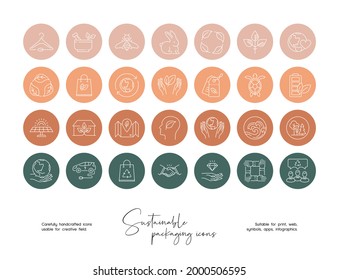Sustainable Packaging Icon Set is a series of pixel-perfect icons, created by influence of sustainable living, recycling, organic food. Vector set design templates icons social media stories.