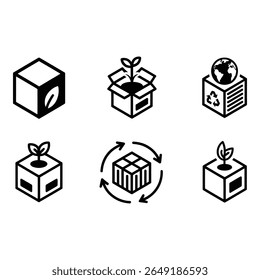 Sustainable Packaging Icons Eco Friendly Product Delivery Growth and Recycling Symbols in Bold Black Minimalist Style