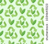 Sustainable packaging vector seamless pattern, Flat design of recycling symbol and leaves background, cute vector illustration with reflections