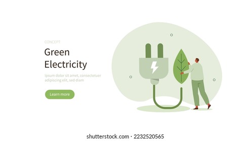 Sustainable power. Character using clean renewable energy resources and green electricity. Climate change concept. Vector illustration.