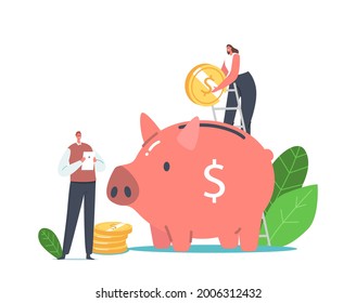 Sustainable Power Concept. Tiny Male and Female Characters Put Golden Coin into Huge Piggy Bank Saving Money for Using Green Energy. Man with Laptop Use Electricity. Cartoon People Vector Illustration