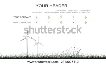Sustainable power sources comparison chart template. Infographics table design with attributes and description. Competitive analysis. Visual data presentation. Montserrat, Arial fonts used