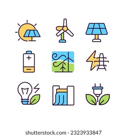 Sustainable power sources pixel perfect RGB color icons set. Energy generation. Ecology protection. Isolated vector illustrations. Simple filled line drawings collection. Editable stroke