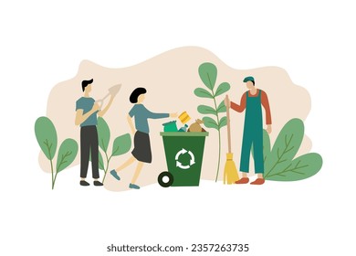 Sustainable practice flat design vector illustration in daily life. characters with an environmentally friendly lifestyle.