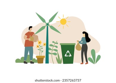 Práctica sustentable diseño plano de ilustración vectorial en la vida cotidiana. personajes con un estilo de vida respetuoso con el medio ambiente.