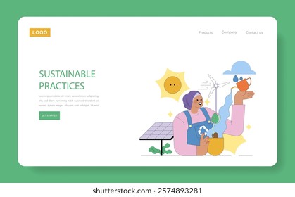 Sustainable Practices concept. Illustration of eco-friendly living, incorporating renewable energy, recycling, and water conservation. Solar panel, wind turbine, and rain harvesting. Vector