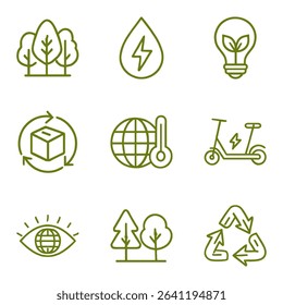 Sustainable practices icons arranged in grid. Icon symbol illustration