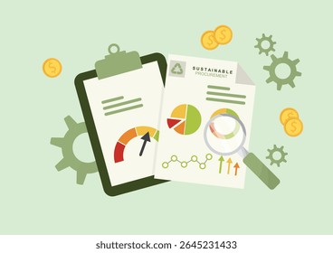 Conceito Do Relatório Do Painel De Análise De Compras Sustentáveis. Relatórios empresariais ecológicos. Estilo plano. Conceito de consumismo ético. Conceito de aquisição sustentável. Práticas comerciais. Ilustração vetorial