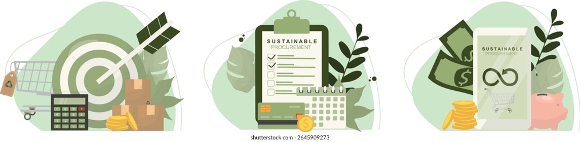 Processo Empresarial Em Matéria De Contratos Públicos Sustentáveis. Processos de negócios ecológicos. Recolha sustentável de contratos públicos. Consumismo ético. Compra ecologicamente correta. Negócios ecológicos. Ilustração vetorial