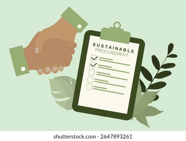 Lista de verificação de compras sustentáveis com aperto de mão empresarial. Gerenciamento ecológico da cadeia de fornecimento perfeito para apresentações corporativas de ESG e materiais de treinamento de conformidade ambiental. Ilustração vetorial