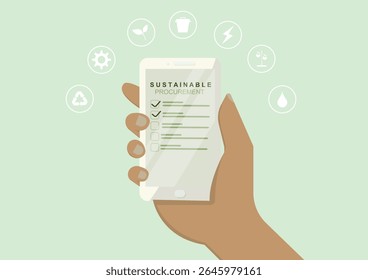 Lista de verificação de compras sustentáveis com ícones ambientais e formulário de avaliação manual. O conceito de avaliação de negócios ecológica é ideal para apresentações de ESG corporativo e relatórios de sustentabilidade. Vetor 