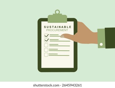 Lista de controlo dos contratos públicos sustentáveis, apontando manualmente para critérios ambientais. Formulário de avaliação de negócios ecológico ideal para apresentações corporativas e materiais de emissão de relatórios ESG. Ilustração vetorial