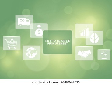 Conceito de aquisição sustentável com cartões de ícone flutuantes no fundo verde. Estratégia de negócios do ESG. Apresentações comerciais e marketing. Práticas empresariais ecológicas. Ilustração vetorial
