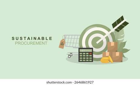 Conceito de aquisição sustentável com metas. carrinho de compras. Ilustração de responsabilidade ambiental e planejamento de negócios ecológicos ideal para a sustentabilidade corporativa. Ilustração vetorial