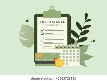 Contratos Públicos Sustentáveis. Avaliação e avaliação de empresas ecológicas. Estilo plano. Compra ecológica. Contrato ético com fornecedores. Ilustração vetorial