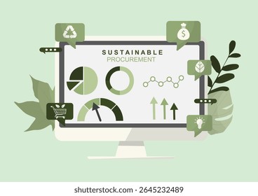 Conceito Analítico Da Interface Do Painel De Aquisição Sustentável. Plataforma de análise de negócios ecológica. Conceito de compra ecologicamente correto. Conceito de consumismo ético. Estilo Flate. Ilustração vetorial