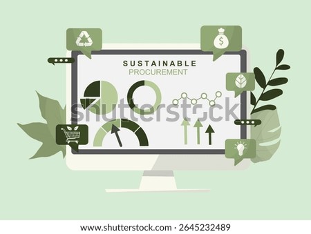 Sustainable Procurement Dashboard Interface Analytics Concept. Green business analytics platform. Eco-friendly purchasing concept. Ethical consumerism concept. Flate style. Vector illustration