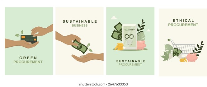 Contratos públicos sustentáveis. Coleção de cartazes de negócios verdes. Cartaz de conceito de investimento em compras éticas. Responsabilidade corporativa gestão de dinheiro para apresentações de marketing. Ilustração vetorial