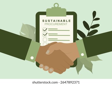 Acordo de handshake de aquisição sustentável com lista de verificação. Parceria empresarial ecológica ideal para apresentações de sustentabilidade corporativa e marketing de conformidade ambiental. Ilustração vetorial
