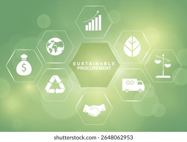 Infográfico hexágono de aquisição sustentável com ícones no fundo verde. A estratégia de negócios do ESG é perfeita para apresentações de sustentabilidade corporativa e gerenciamento da cadeia de fornecimento. Ilustração vetorial