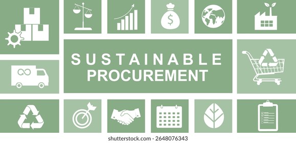 Sustainable Procurement Icon Grid Green Background. infográfico de aquisição sustentável com ícones brancos em blocos verdes representando a estratégia de negócios do ESG. Origem Ética. Ilustração vetorial