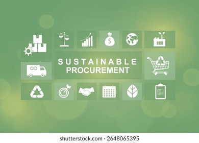 Layout de grade de ícone de compras sustentáveis em fundo verde. Estratégia de negócios abrangente do ESG, ideal para apresentações de negócios e treinamento em gerenciamento da cadeia de fornecimento. Ilustração vetorial