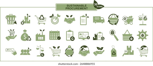 Conjunto de ícones de compras sustentáveis. Coleção de 30 ícones ambientais e empresariais ecológicos, incluindo reciclagem, energia, cadeia de fornecimento, fábrica, carrinho de compras. Compra ecológica. Ilustração vetorial