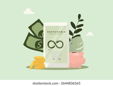  Conceito De Financiamento De Aplicações Móveis Para Aquisições Sustentáveis. Dispositivo móvel exibindo aplicativo de aquisição sustentável com dinheiro, mealheiro e plantas que representam compras de negócios ecológicas. Vetor 