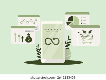 Interface De Aplicações Móveis Para Aquisições Sustentáveis. Soluções empresariais ecológicas. Estilo plano. Compra ética. Economia circular. Aquisição responsável. Ilustração vetorial