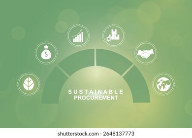 Infográfico semicírculo de aquisição sustentável com seis ícones circulares sobre fundo verde. Estratégia de negócios ESG profissional, ideal para apresentações de sustentabilidade corporativa. Ilustração vetorial