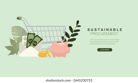 Carrinho de compras de compras sustentáveis Banner da Web. carrinho de compras com elementos ecológicos, dinheiro e mealheiro representando compras sustentáveis e práticas de negócios ecológicas. Ilustração vetorial