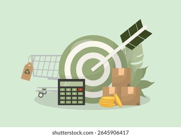 Aquisição Sustentável Alvo Alcance Negócios. Objetivos de aquisição sustentáveis, planejamento de negócios e sucesso da cadeia de fornecimento ecologicamente correta. Compras ecológicas. Estilo plano. Ilustração vetorial