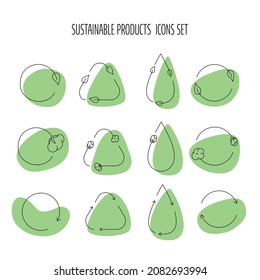 Sustainable product, fabric icon set for eco friendly, natural fabric product, clothing and food packaging. Vector stock illustration isolated on white background for design label set. EPS10