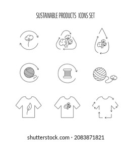 Sustainable product, fabric icon set for eco friendly, natural fabric product, clothing and food packaging. Vector stock illustration isolated on white background for design label set. EPS10