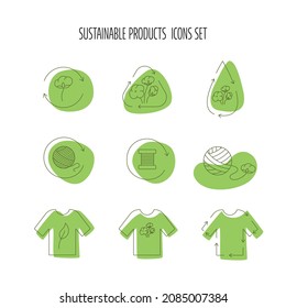 Sustainable Product, Fabric Icon Set For Eco Friendly, Natural Fabric Product, Clothing And Food Packaging. Vector Stock Illustration Isolated On White Background For Design Label Set. EPS10