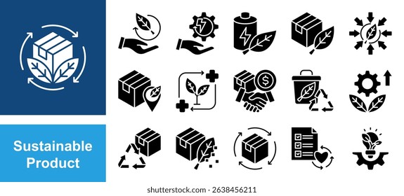Sustainable product icon set with eco friendly, renewable, biodegradable, organic, energy efficiency and recyclable.