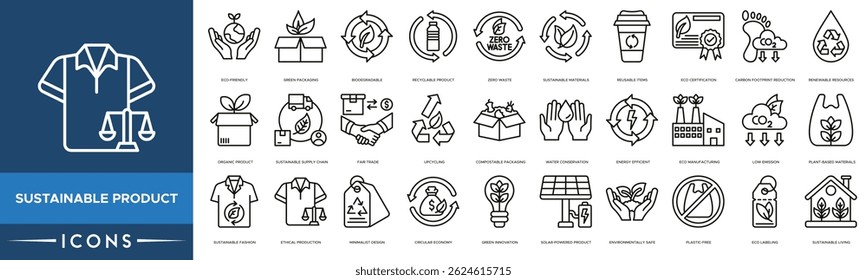 Sustainable Product Icon set. Eco-Friendly, Green Packaging, Biodegradable, Recyclable Product, Zero Waste, Sustainable Materials and Reusable Items