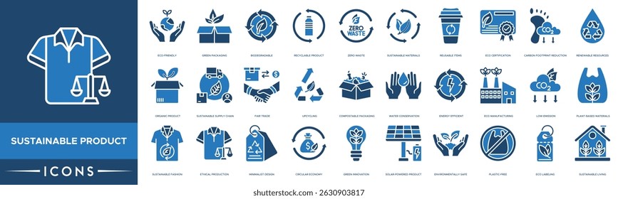 Sustainable Product Icon set. Eco-Friendly, Green Packaging, Biodegradable, Recyclable Product, Zero Waste, Sustainable Materials and Reusable Items