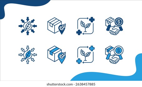 Sustainable Product icon set with Environmental Impact, Production, Regenerative, Fair Trade,