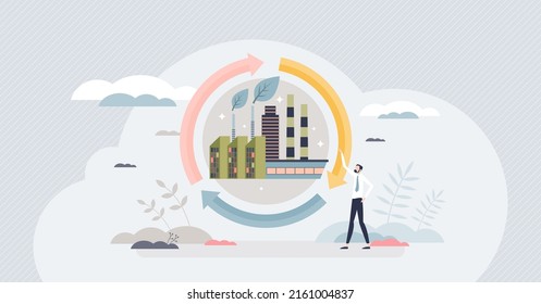 Sustainable Production And Ecological Product Manufacturing Tiny Person Concept. Environmental Friendly Recycling Factory With Green Energy Supply And Circular Economy Approach Vector Illustration.