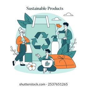 conceito de produtos sustentáveis. Pessoas que promovem produtos ecológicos com um símbolo de reciclagem. Defesa de uma vida ecológica e consciência ambiental. Ilustração vetorial.