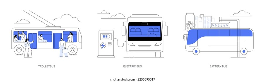 Sustainable public transport abstract concept vector illustration set. Trolleybus with passengers, electric and battery bus, urban transportation, safe city environment abstract metaphor.