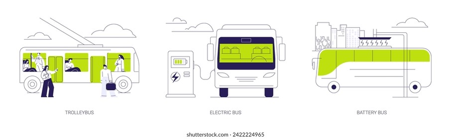 Sustainable public transport abstract concept vector illustration set. Trolleybus with passengers, electric and battery bus, urban transportation, safe city environment abstract metaphor.