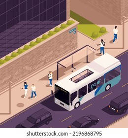 Sustainable public transport concept with eco electric bus isometric vector illustration