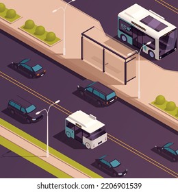 Sustainable public transport isometric concept with eco electic bus on city street vector illustration