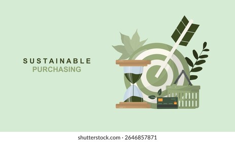 Conceito de banner de compra sustentável com metas. Contratos públicos ecológicos e estratégia empresarial respeitadora do ambiente. Apresentação da sustentabilidade corporativa. Compra sustentável. Ilustração vetorial