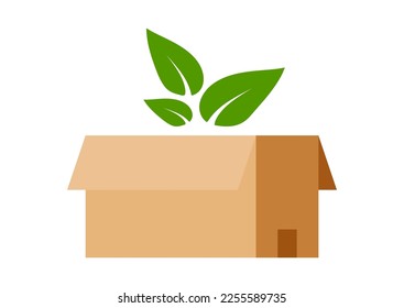 Sustainable recycle cardboard box with green leaves isolated on white background. Biodegradable reusable opened package. Vector flat design cartoon style illustration.