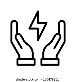 sustainable or recycle related hands with thunderbolt or save energy vector in lineal style